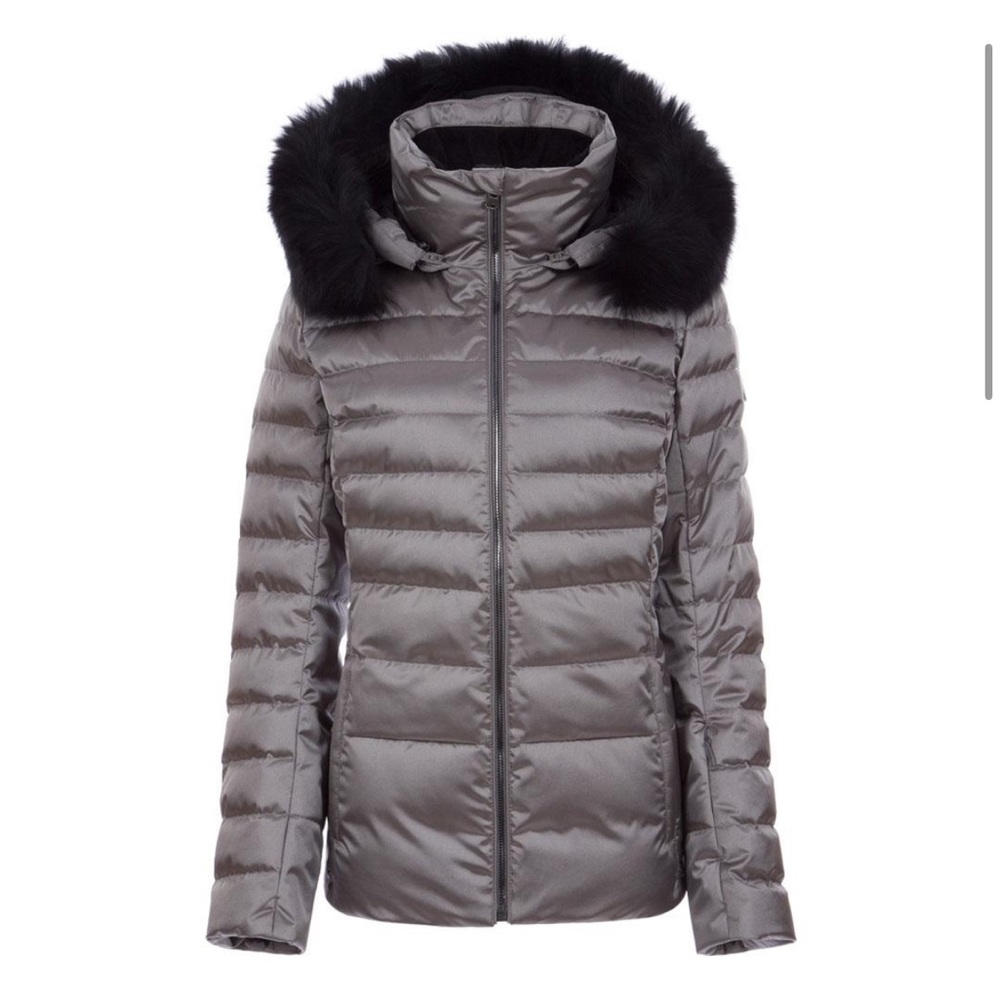 Women's Silver Puffer Jacket with Black Faux Fur Hood
